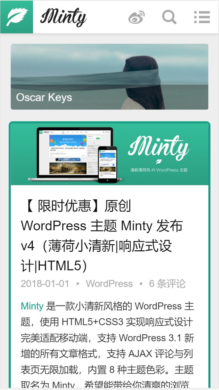 小清新自适应博客网站模板 WordPress Minty主题